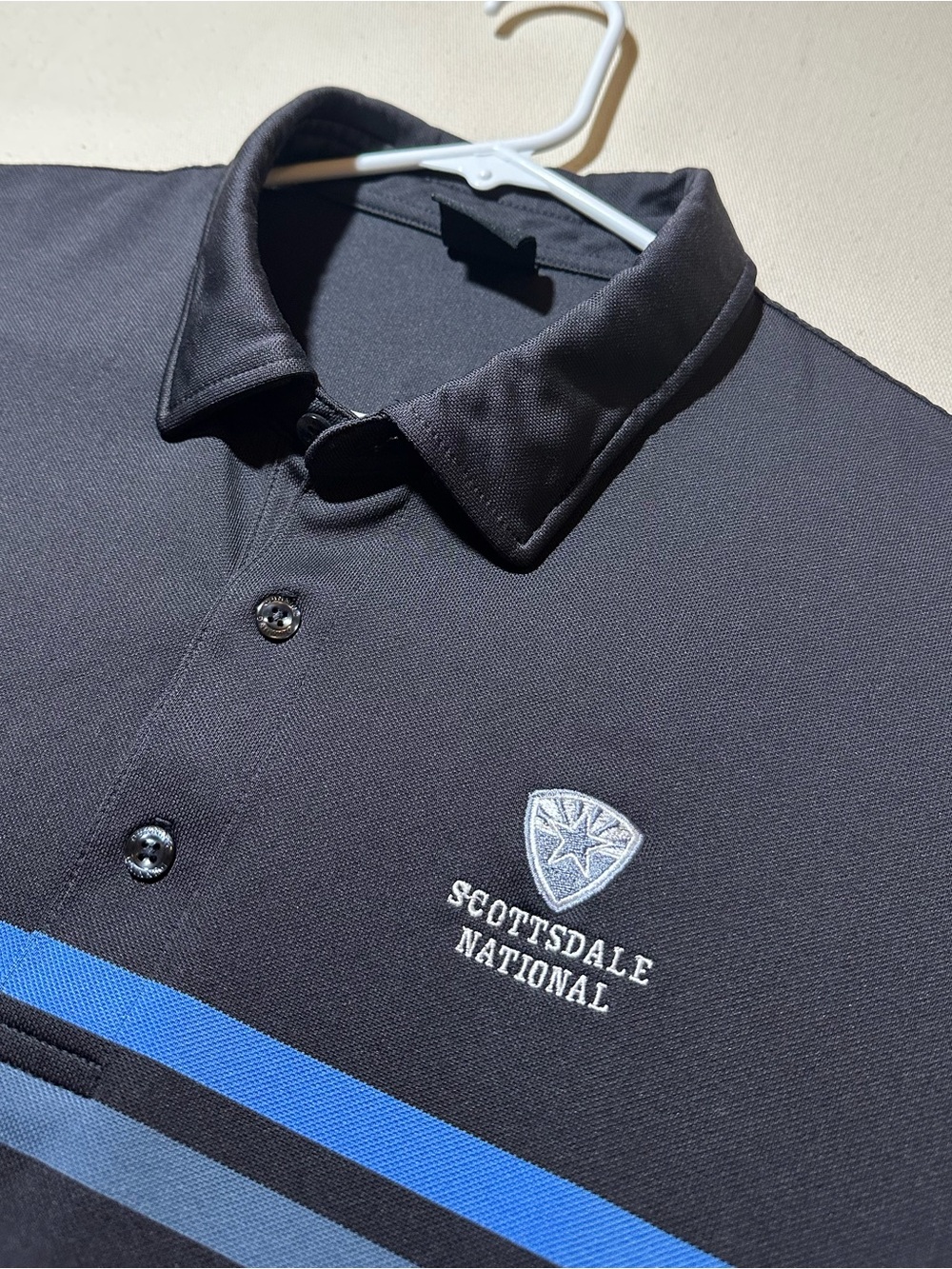 Dunning Golf Men's Black Golf Polo with Blue Stripes x Scottsdale National